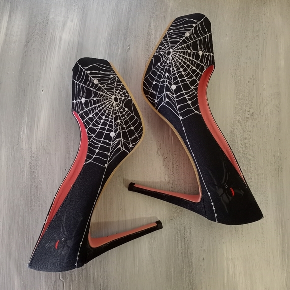 Black Widow Spider Web Goth Witch Platform High Heels Women's Size 9 - Picture 5 of 16